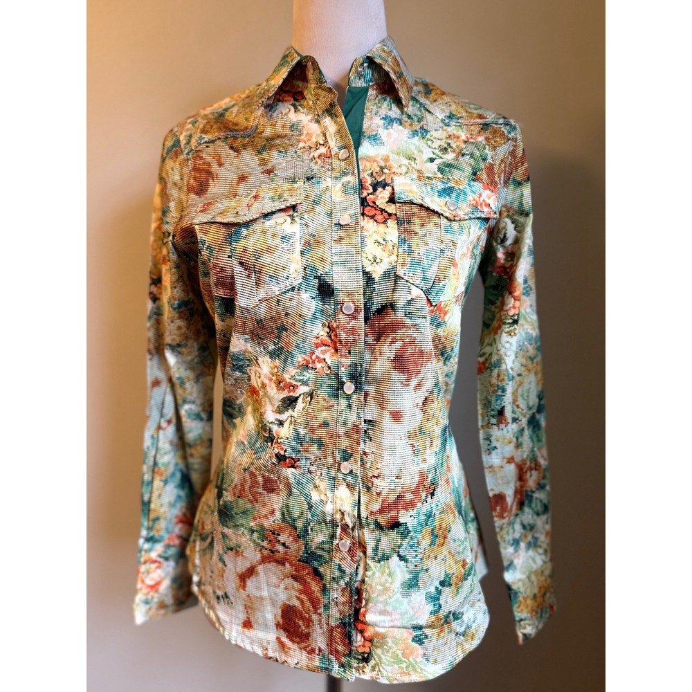 Floral dqinty Long‎ Sleeve Snap  Western boho whimsi cottage Y2K Shirt S green